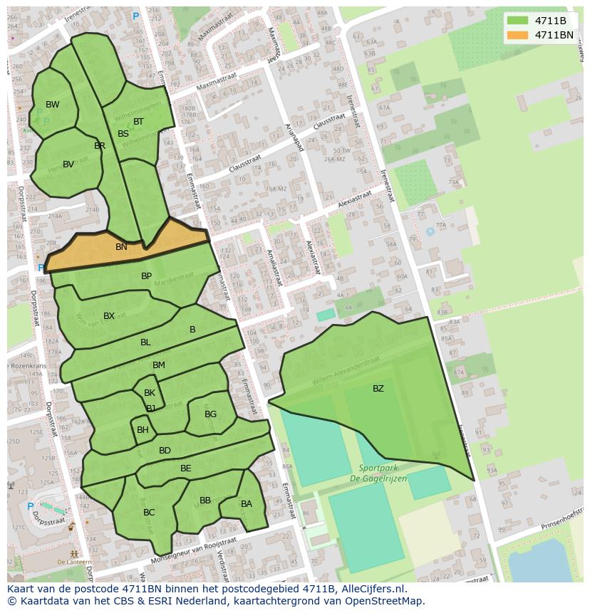 Afbeelding van het postcodegebied 4711 BN op de kaart.