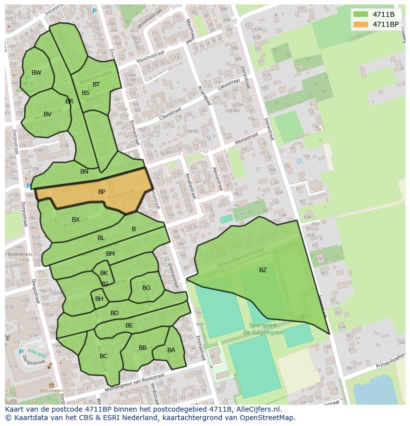 Afbeelding van het postcodegebied 4711 BP op de kaart.