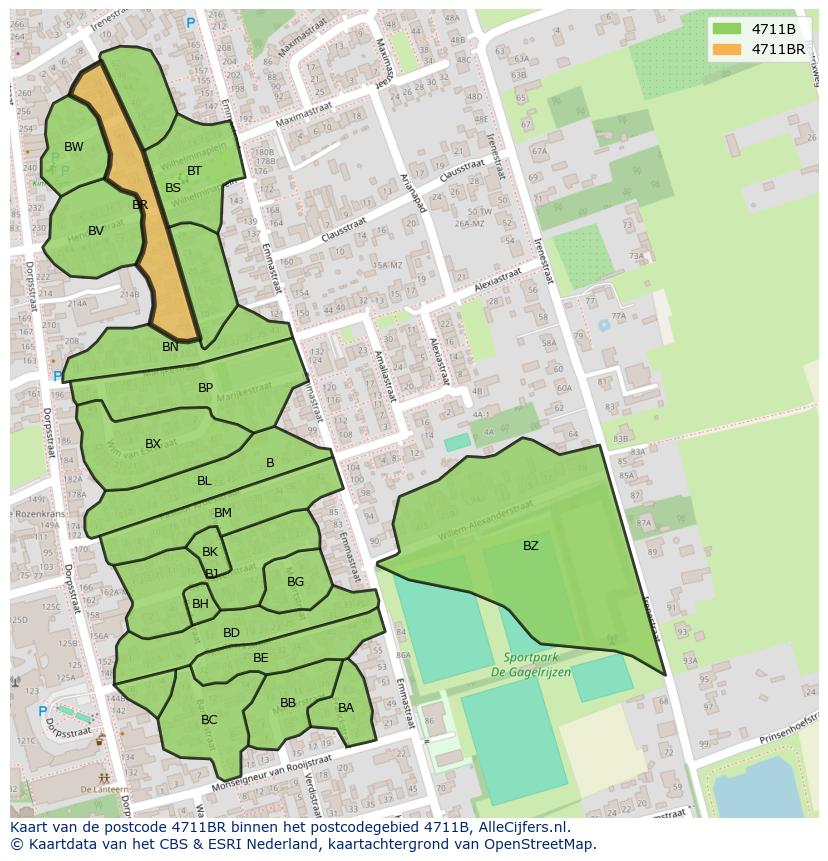 Afbeelding van het postcodegebied 4711 BR op de kaart.