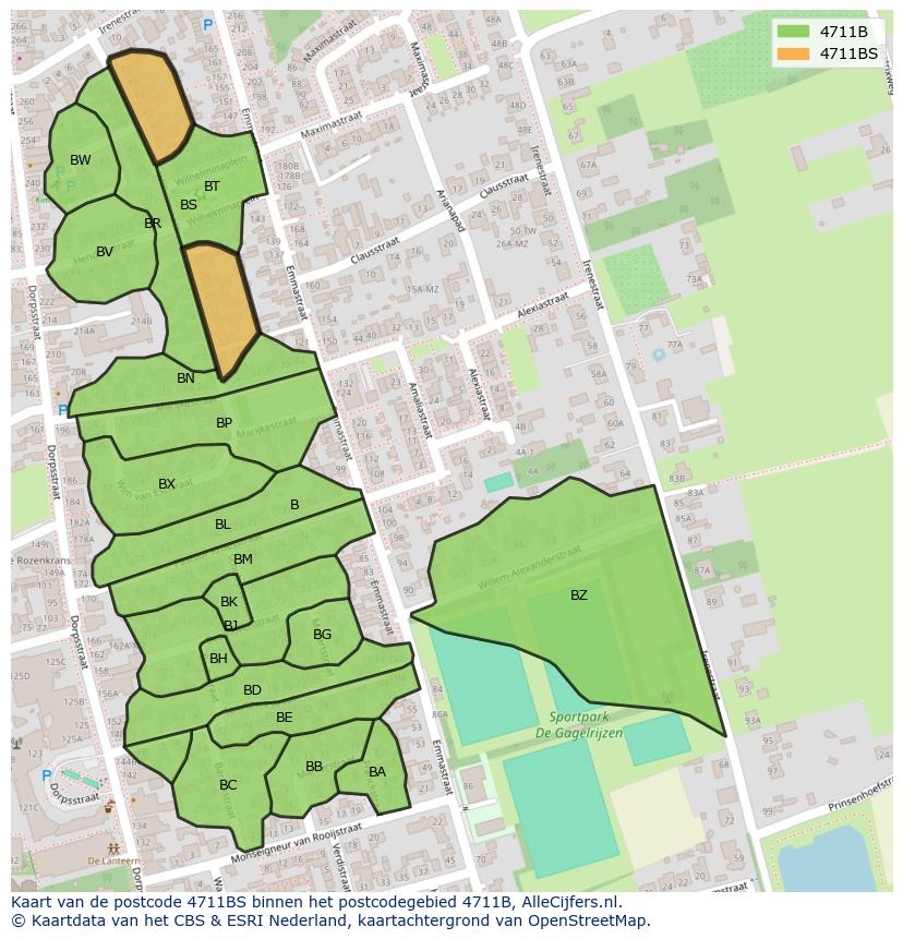 Afbeelding van het postcodegebied 4711 BS op de kaart.