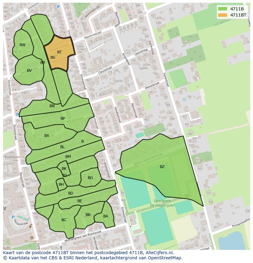 Afbeelding van het postcodegebied 4711 BT op de kaart.