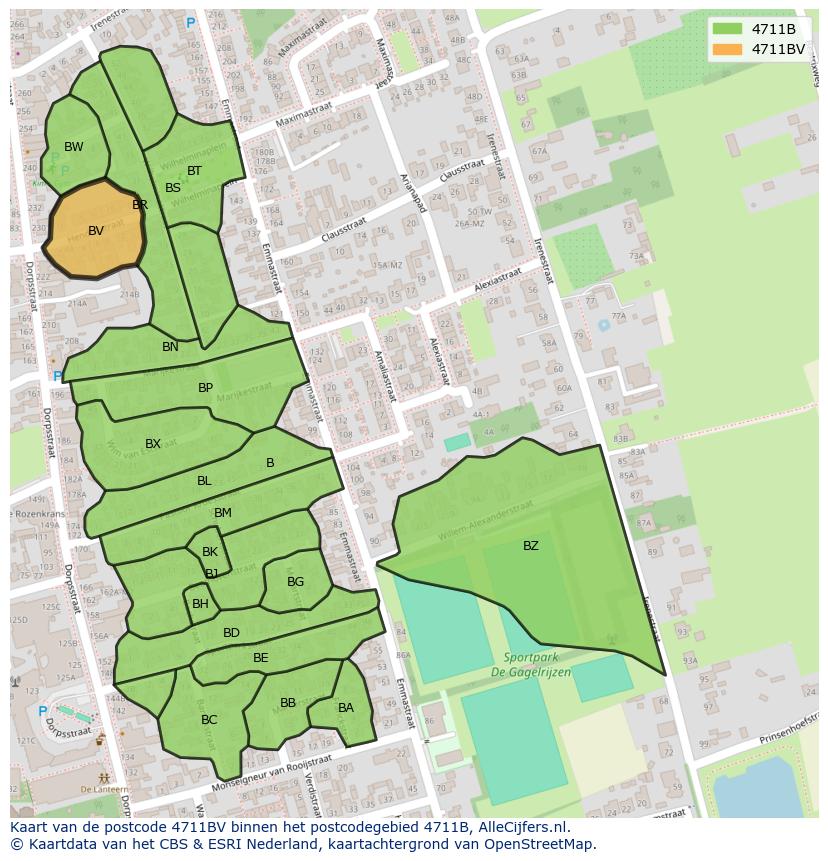 Afbeelding van het postcodegebied 4711 BV op de kaart.