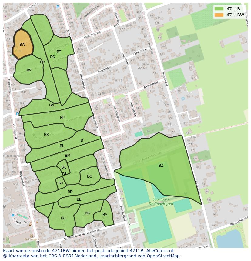 Afbeelding van het postcodegebied 4711 BW op de kaart.