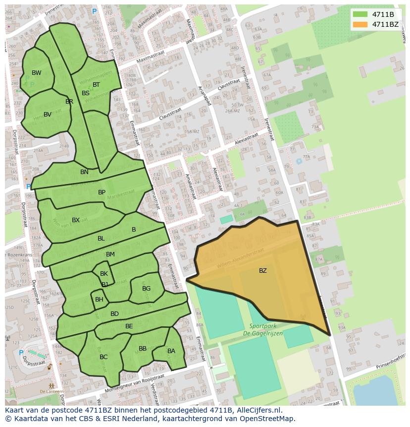 Afbeelding van het postcodegebied 4711 BZ op de kaart.