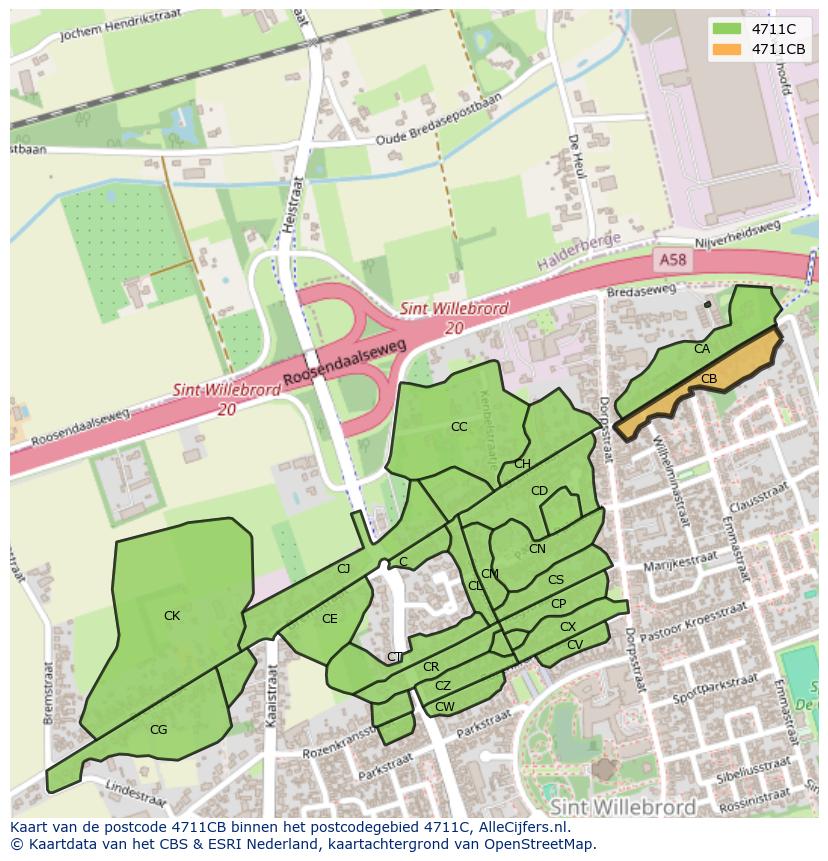 Afbeelding van het postcodegebied 4711 CB op de kaart.