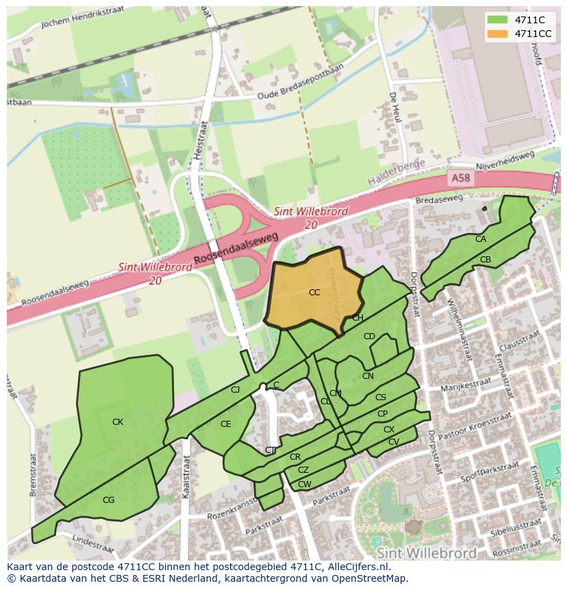 Afbeelding van het postcodegebied 4711 CC op de kaart.