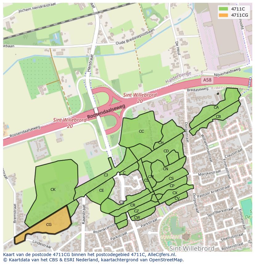 Afbeelding van het postcodegebied 4711 CG op de kaart.