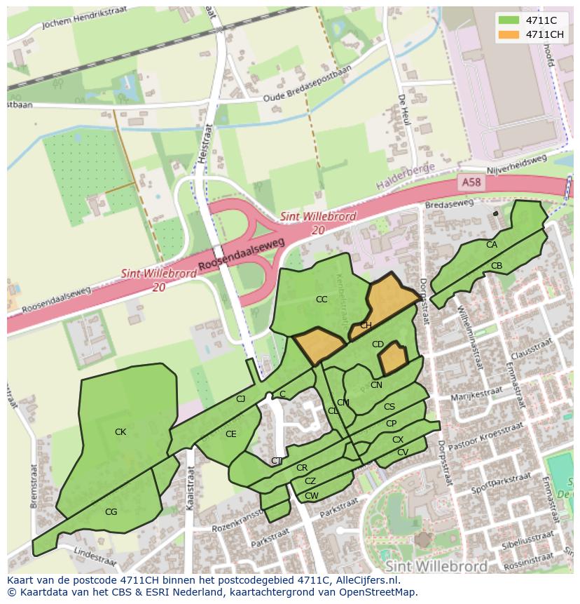 Afbeelding van het postcodegebied 4711 CH op de kaart.