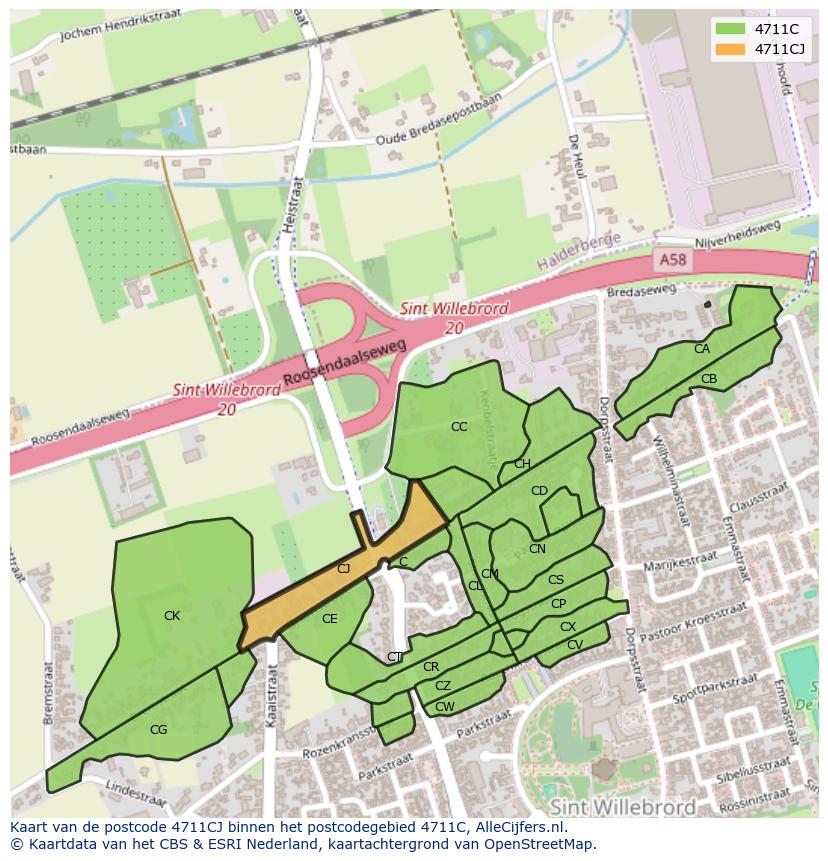 Afbeelding van het postcodegebied 4711 CJ op de kaart.