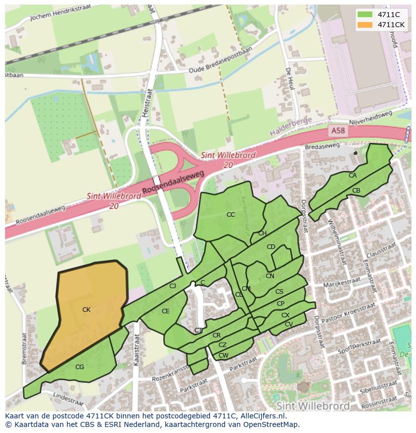 Afbeelding van het postcodegebied 4711 CK op de kaart.