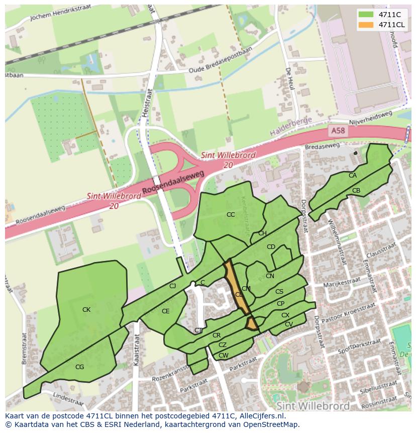 Afbeelding van het postcodegebied 4711 CL op de kaart.