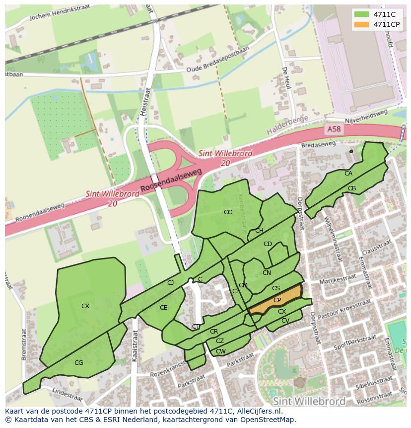 Afbeelding van het postcodegebied 4711 CP op de kaart.
