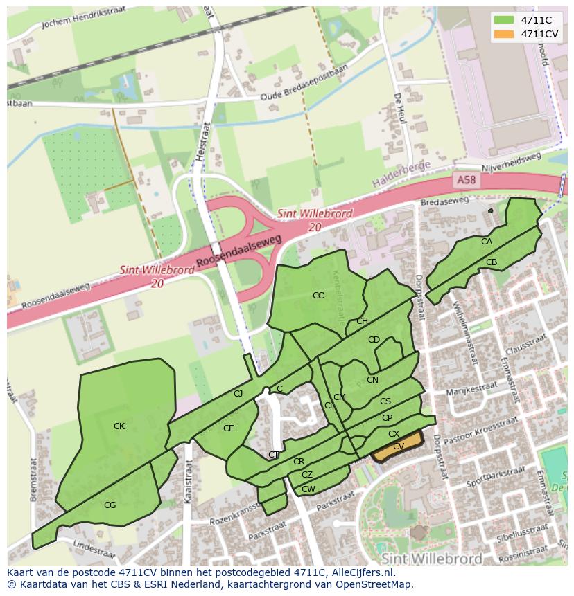 Afbeelding van het postcodegebied 4711 CV op de kaart.