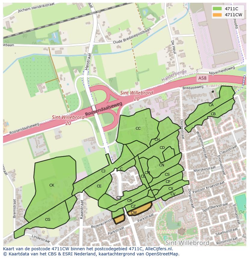 Afbeelding van het postcodegebied 4711 CW op de kaart.