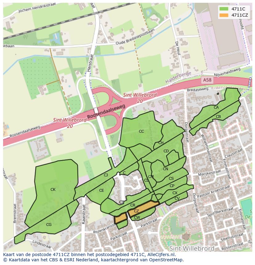 Afbeelding van het postcodegebied 4711 CZ op de kaart.