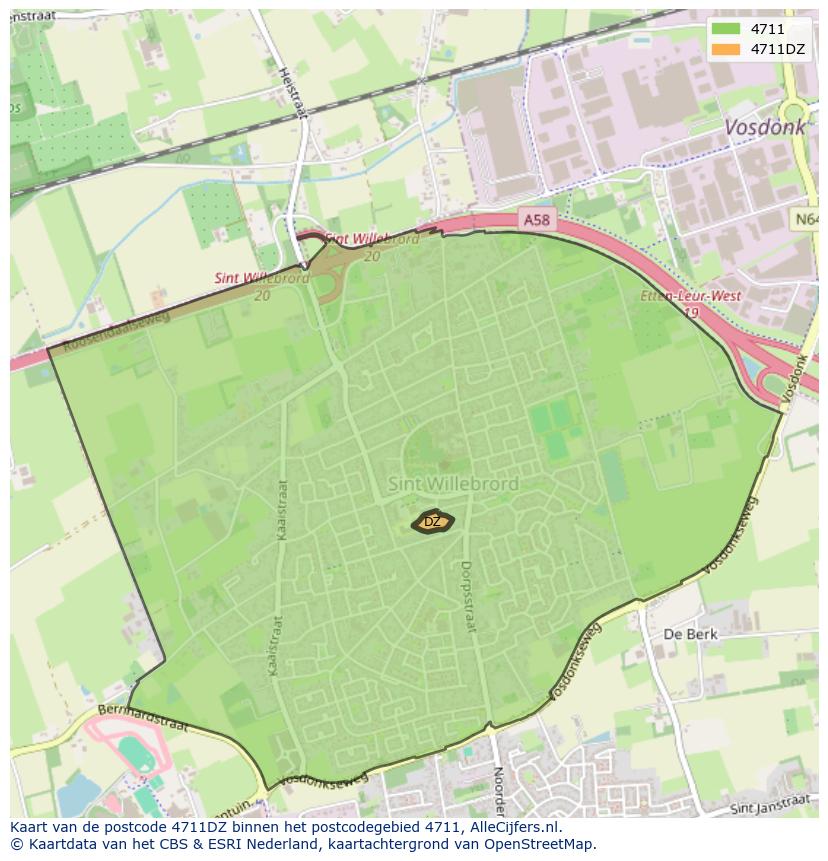 Afbeelding van het postcodegebied 4711 DZ op de kaart.
