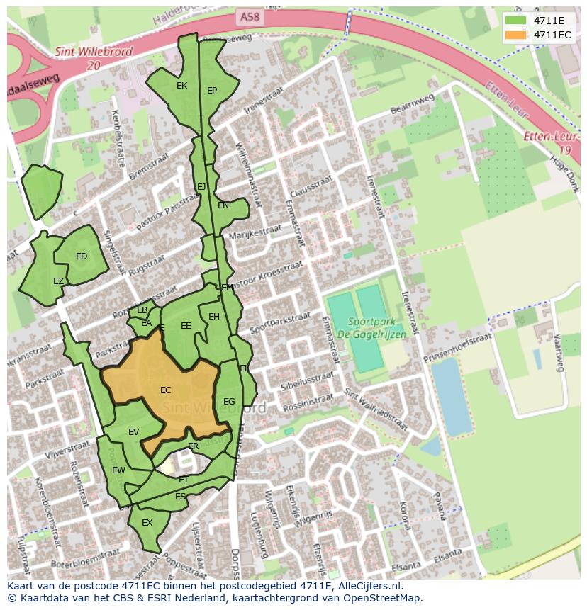 Afbeelding van het postcodegebied 4711 EC op de kaart.