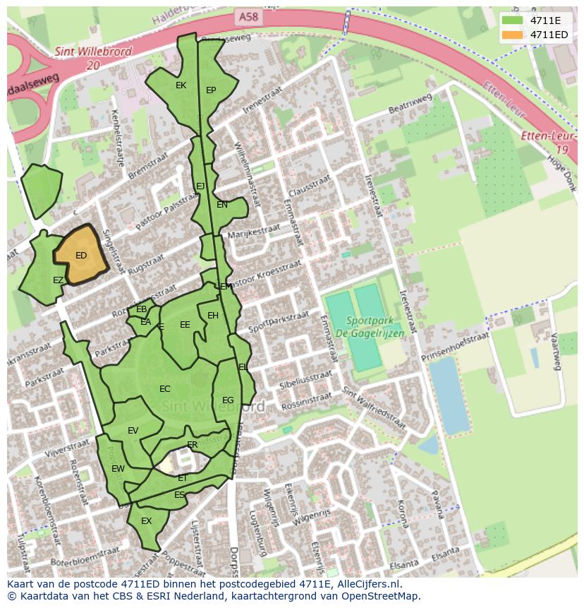Afbeelding van het postcodegebied 4711 ED op de kaart.