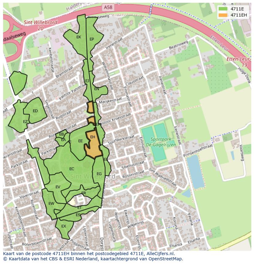Afbeelding van het postcodegebied 4711 EH op de kaart.