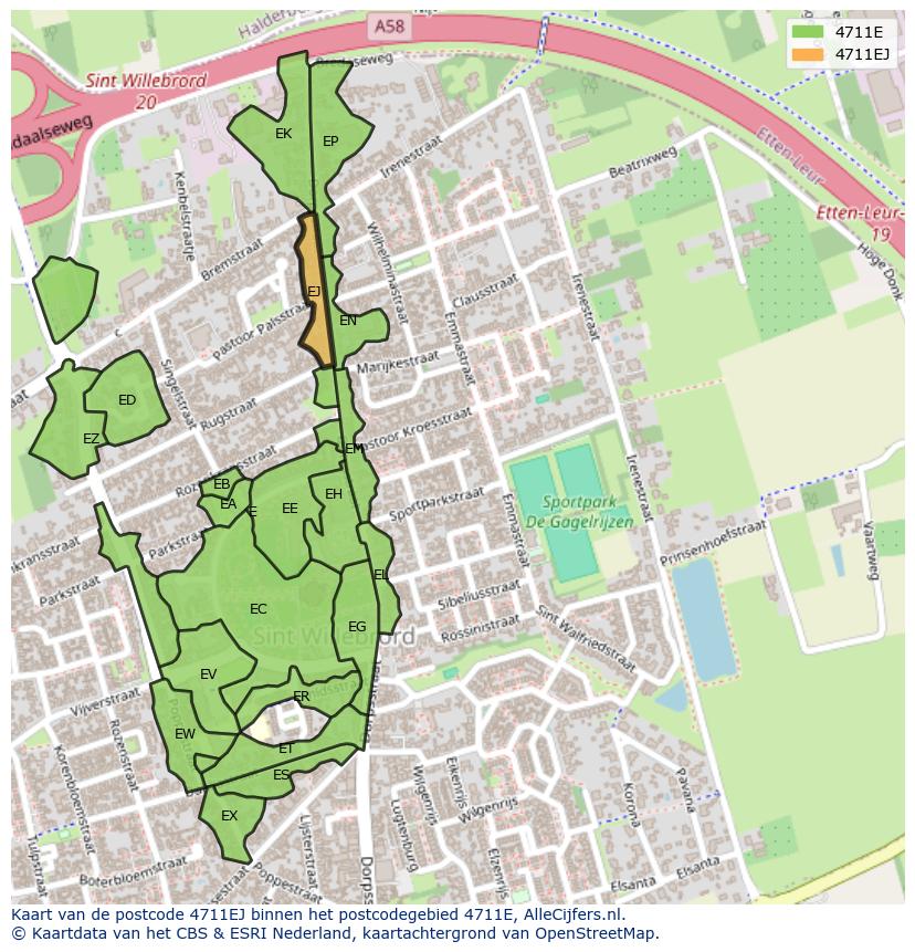 Afbeelding van het postcodegebied 4711 EJ op de kaart.
