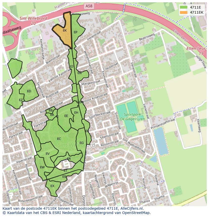 Afbeelding van het postcodegebied 4711 EK op de kaart.