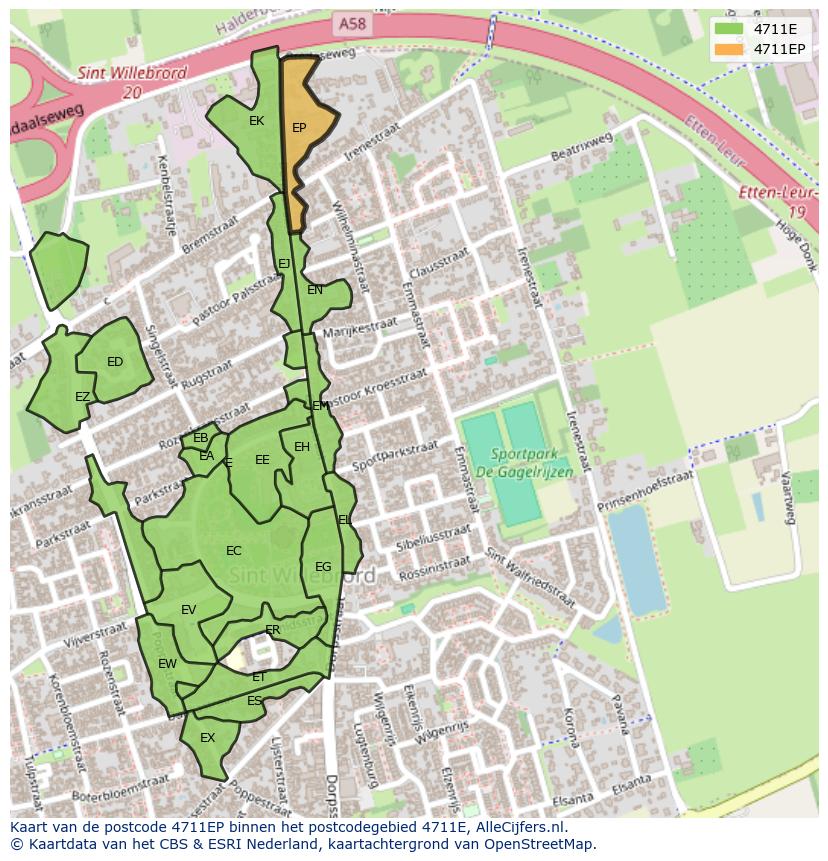 Afbeelding van het postcodegebied 4711 EP op de kaart.