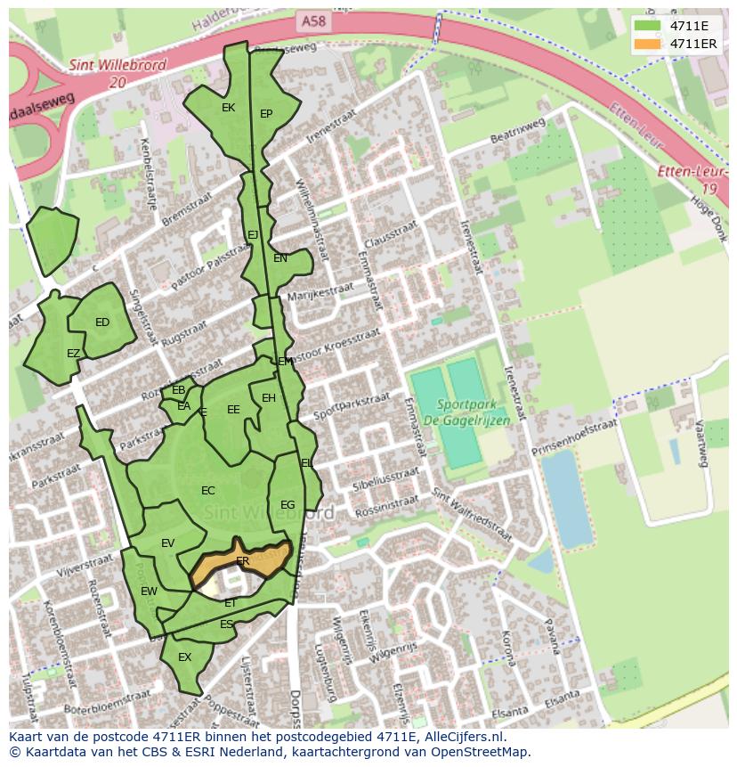 Afbeelding van het postcodegebied 4711 ER op de kaart.