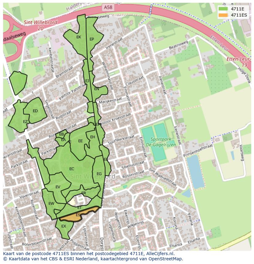 Afbeelding van het postcodegebied 4711 ES op de kaart.