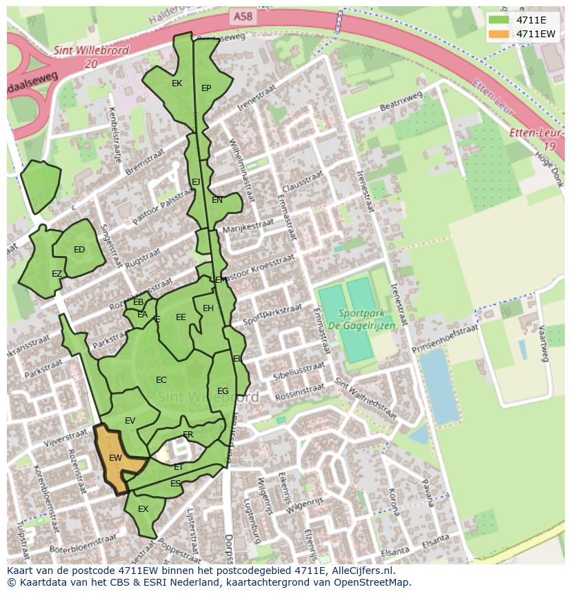 Afbeelding van het postcodegebied 4711 EW op de kaart.