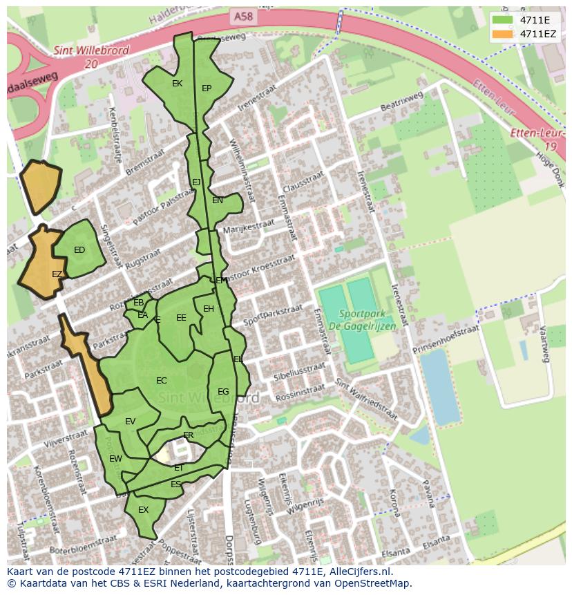 Afbeelding van het postcodegebied 4711 EZ op de kaart.