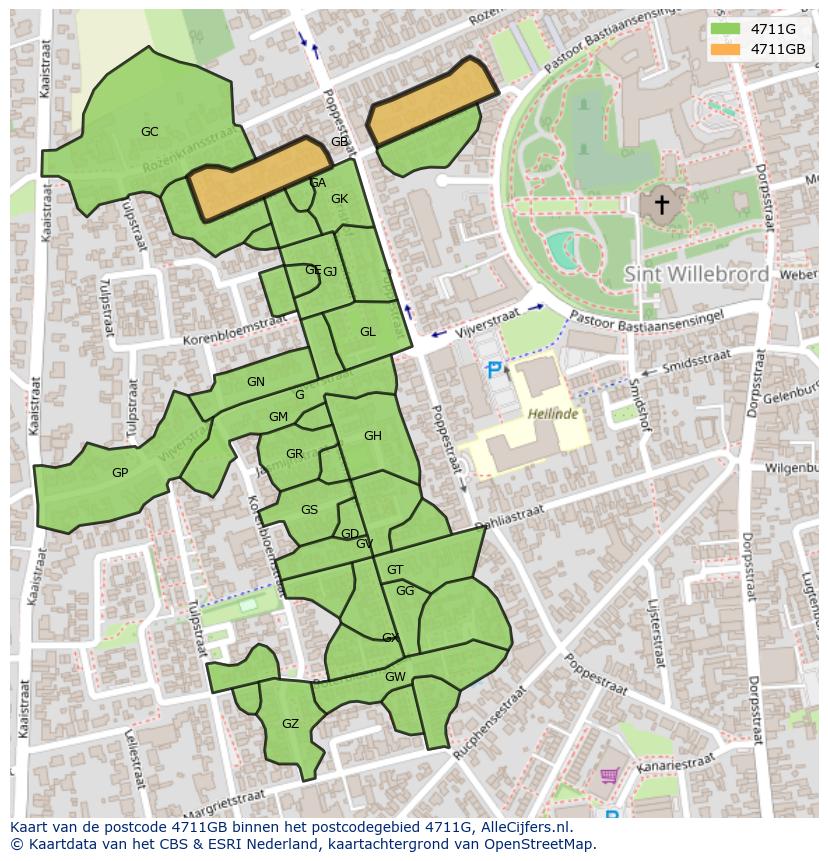 Afbeelding van het postcodegebied 4711 GB op de kaart.