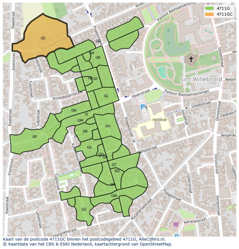 Afbeelding van het postcodegebied 4711 GC op de kaart.