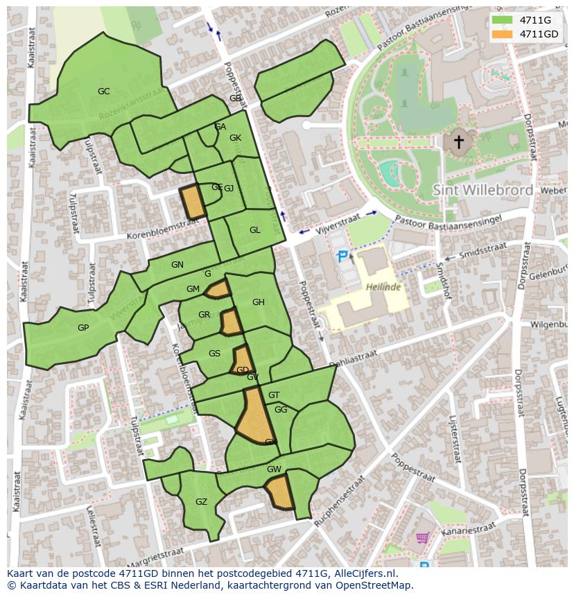 Afbeelding van het postcodegebied 4711 GD op de kaart.