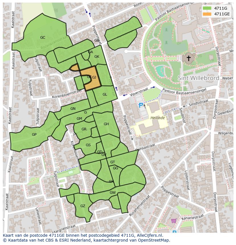 Afbeelding van het postcodegebied 4711 GE op de kaart.
