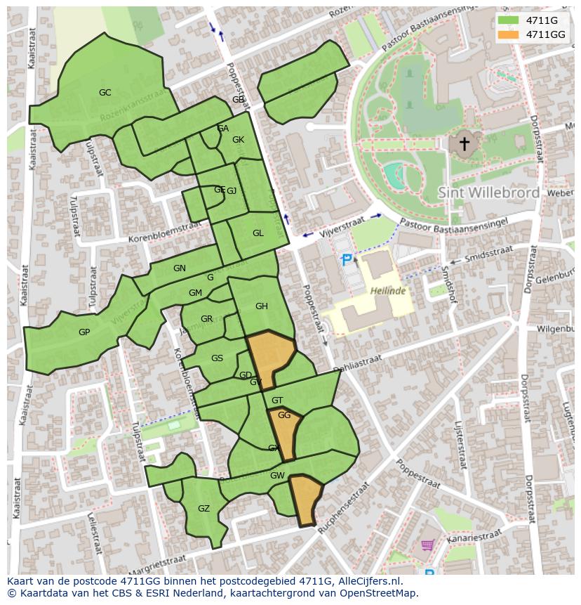 Afbeelding van het postcodegebied 4711 GG op de kaart.