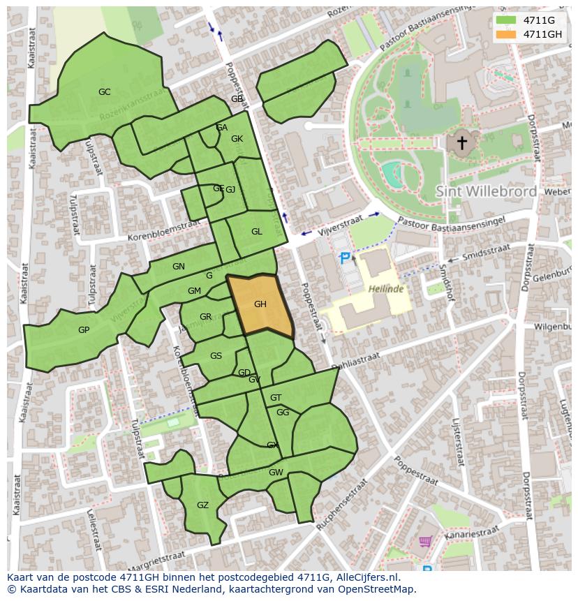 Afbeelding van het postcodegebied 4711 GH op de kaart.