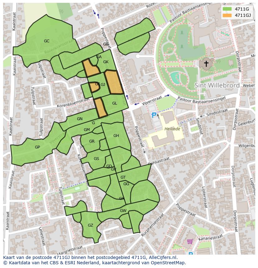 Afbeelding van het postcodegebied 4711 GJ op de kaart.