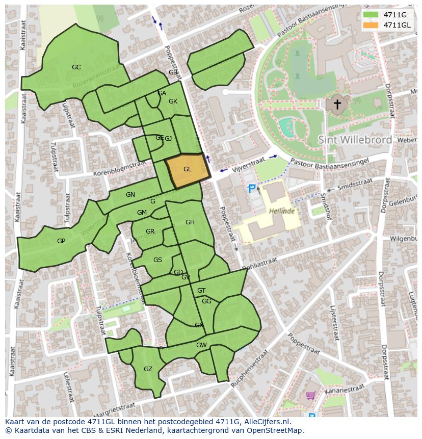 Afbeelding van het postcodegebied 4711 GL op de kaart.
