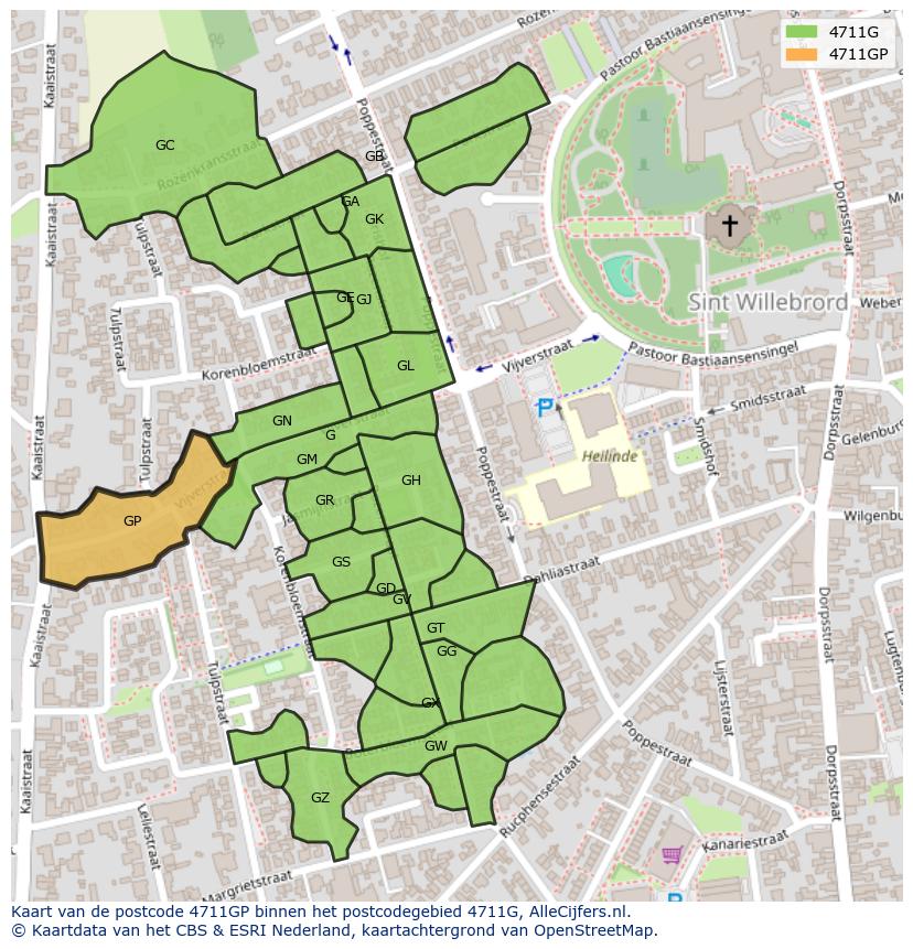 Afbeelding van het postcodegebied 4711 GP op de kaart.