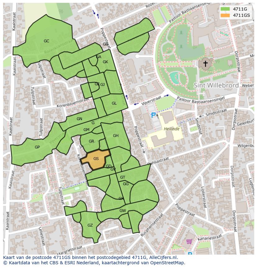 Afbeelding van het postcodegebied 4711 GS op de kaart.