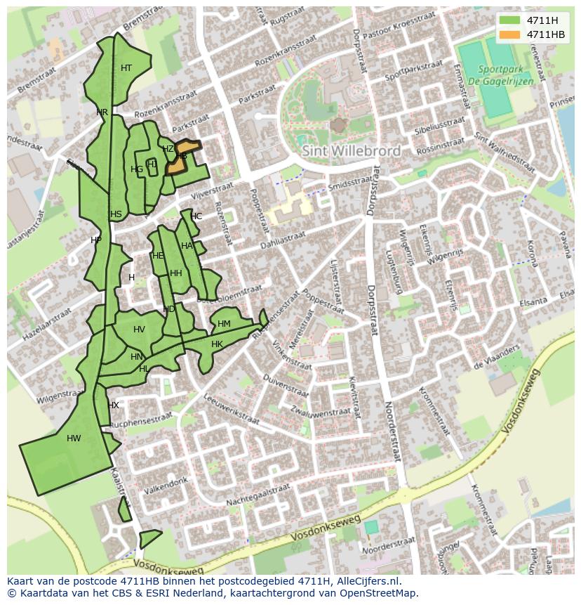Afbeelding van het postcodegebied 4711 HB op de kaart.