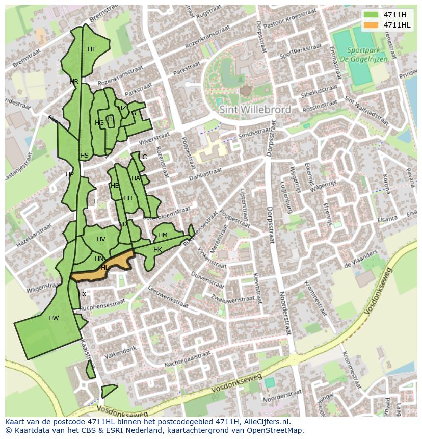Afbeelding van het postcodegebied 4711 HL op de kaart.