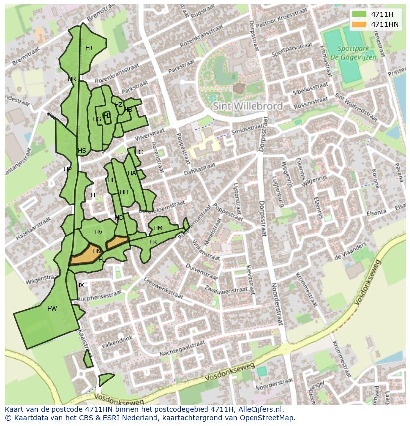 Afbeelding van het postcodegebied 4711 HN op de kaart.