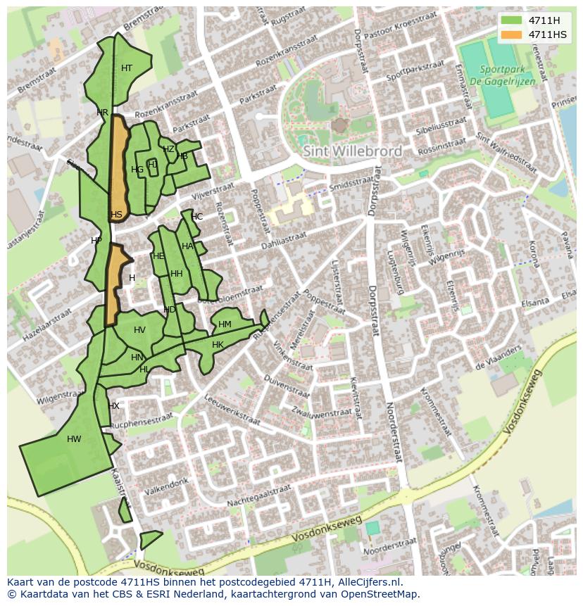 Afbeelding van het postcodegebied 4711 HS op de kaart.