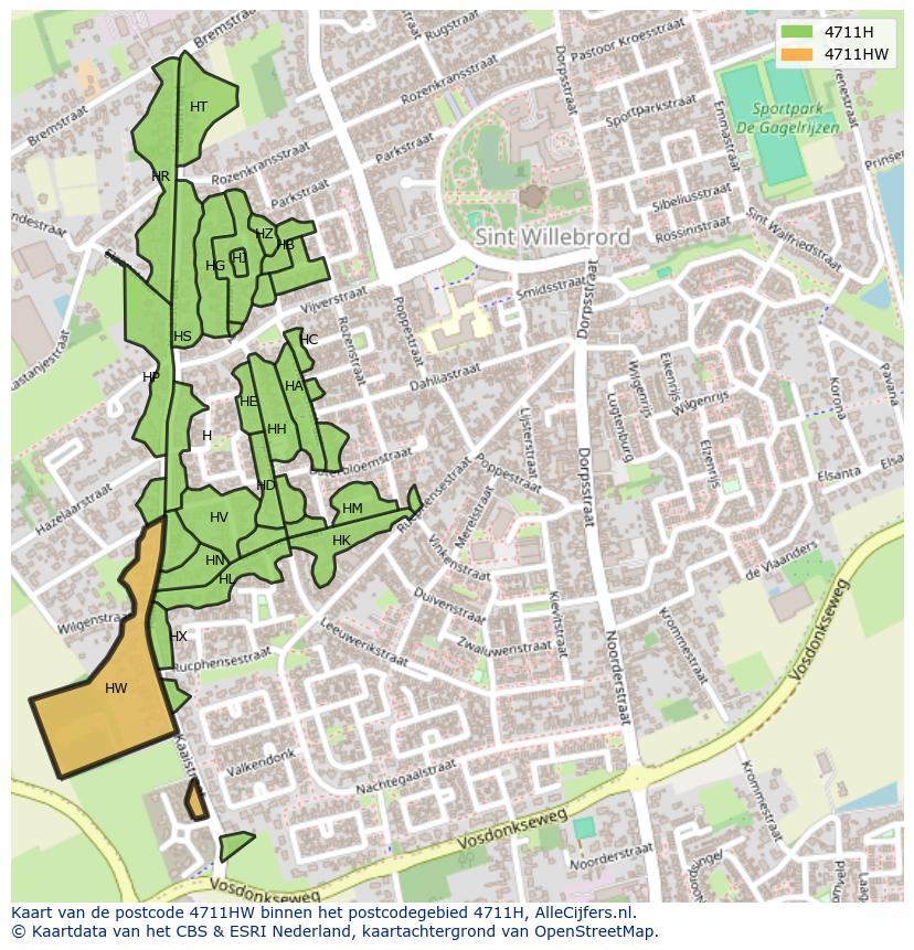 Afbeelding van het postcodegebied 4711 HW op de kaart.