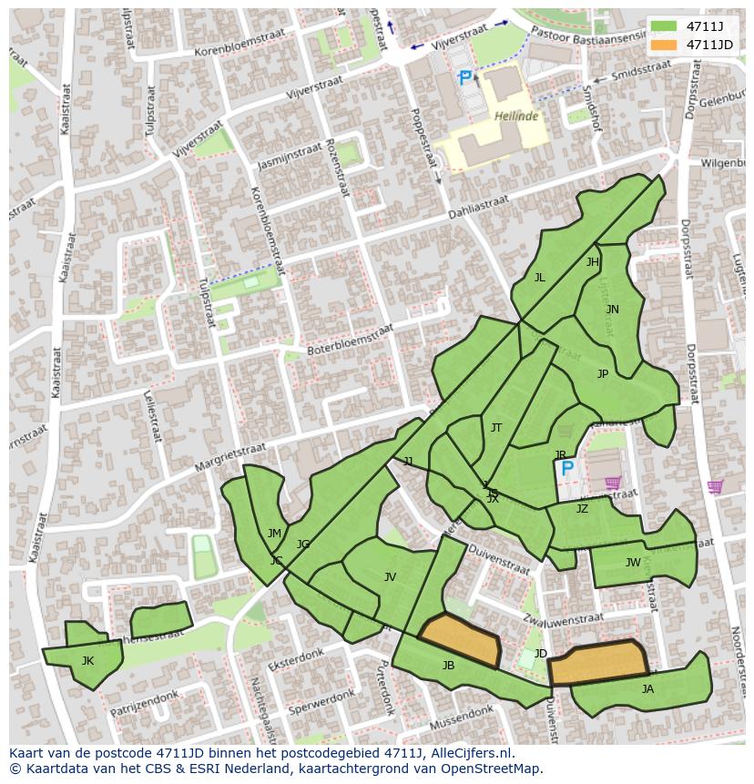 Afbeelding van het postcodegebied 4711 JD op de kaart.