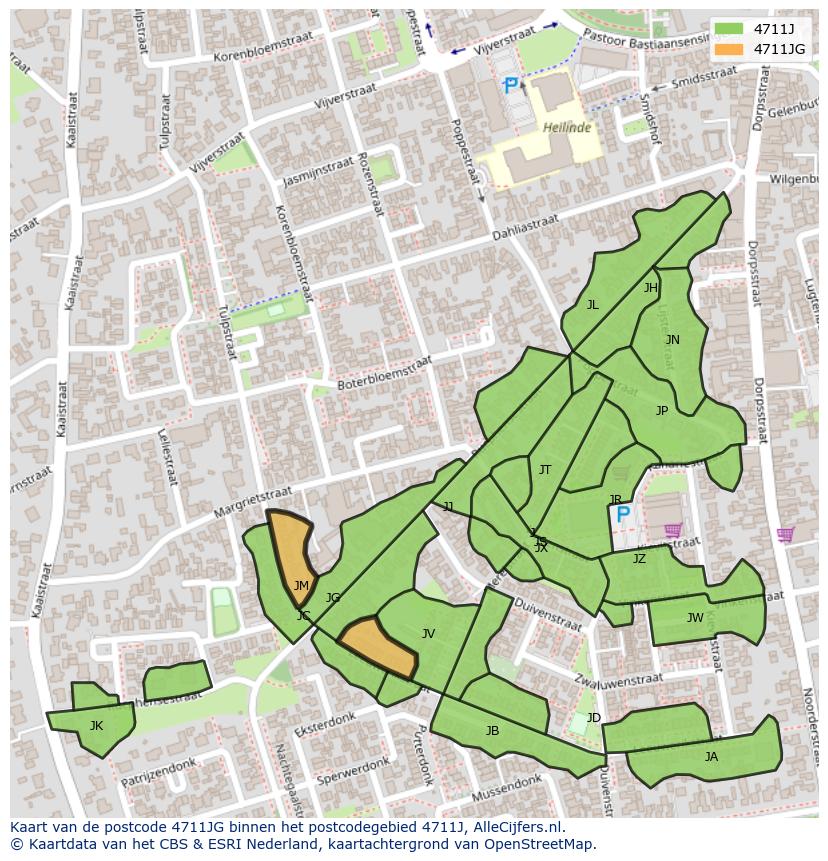 Afbeelding van het postcodegebied 4711 JG op de kaart.