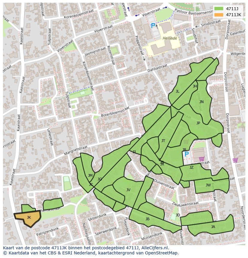 Afbeelding van het postcodegebied 4711 JK op de kaart.