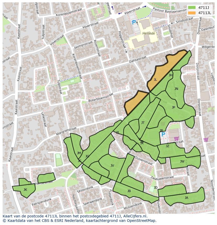 Afbeelding van het postcodegebied 4711 JL op de kaart.