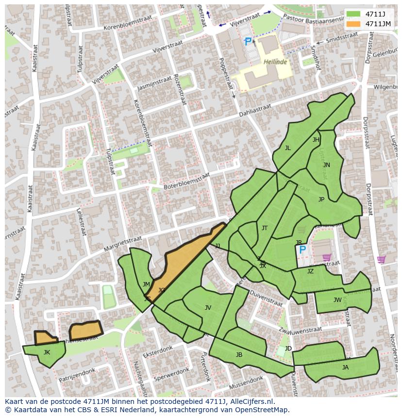 Afbeelding van het postcodegebied 4711 JM op de kaart.